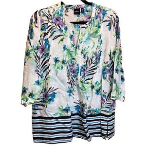Rafaella- 100% Linen Watercolor Floral Print V-Neck Tunic Blouse, Size Large